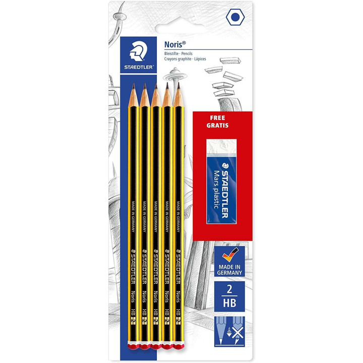 Staedtler Noris 120 Pack de 5 Lapices de Grafito Hexagonales 2HB + 1 Goma de Borrar Mars Plastic - Madera de Bosques Sostenible