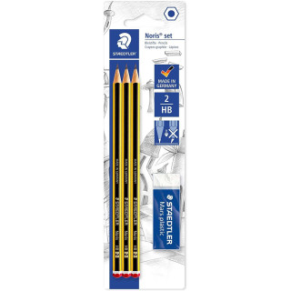 Staedtler Noris 120 Pack de 3 Lapices de Grafito Hexagonales 2HB + 1 Gomas de Borrar Mars Plastic - Madera de Bosques Sostenibl