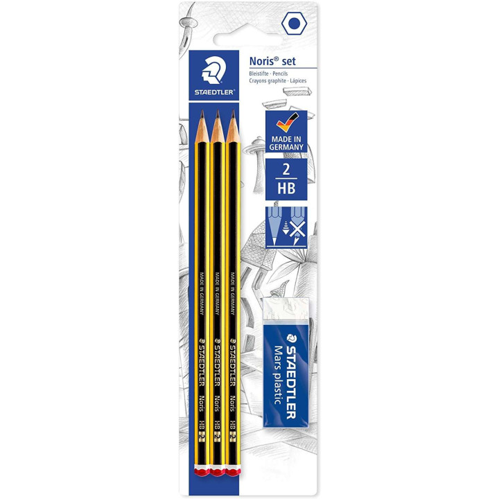 Staedtler Noris 120 Pack de 3 Lapices de Grafito Hexagonales 2HB + 1 Gomas de Borrar Mars Plastic - Madera de Bosques Sostenibl