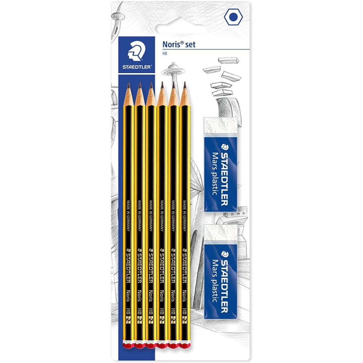 Staedtler Noris 120 Pack de 6 Lapices de Grafito Hexagonales 2HB + 2 Gomas de Borrar Mars Plastic - Madera de Bosques Sostenibl