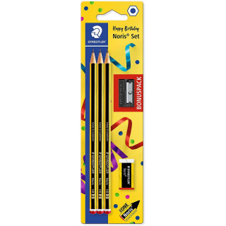 Staedtler Noris 120 Pack de 3 Lapices de Grafito Hexagonales + Goma de Borrar + Sacapuntas - Mina HB Ultrarresistente de 2mm -