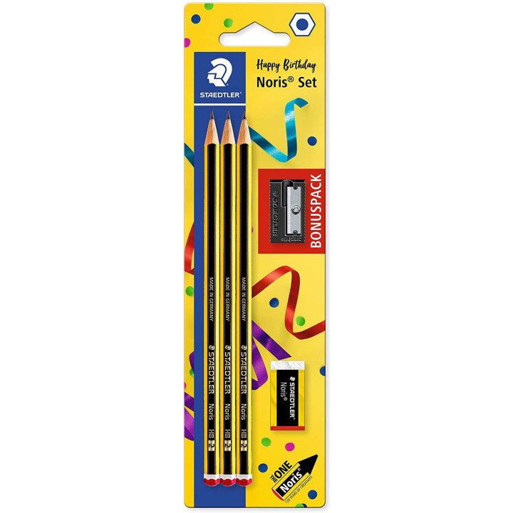 Staedtler Noris 120 Pack de 3 Lapices de Grafito Hexagonales + Goma de Borrar + Sacapuntas - Mina HB Ultrarresistente de 2mm -