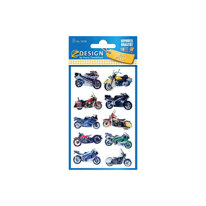 Sobre con 1 hoja 76x120mm y 10 pegatinas 3d motocicletas avery 53750
