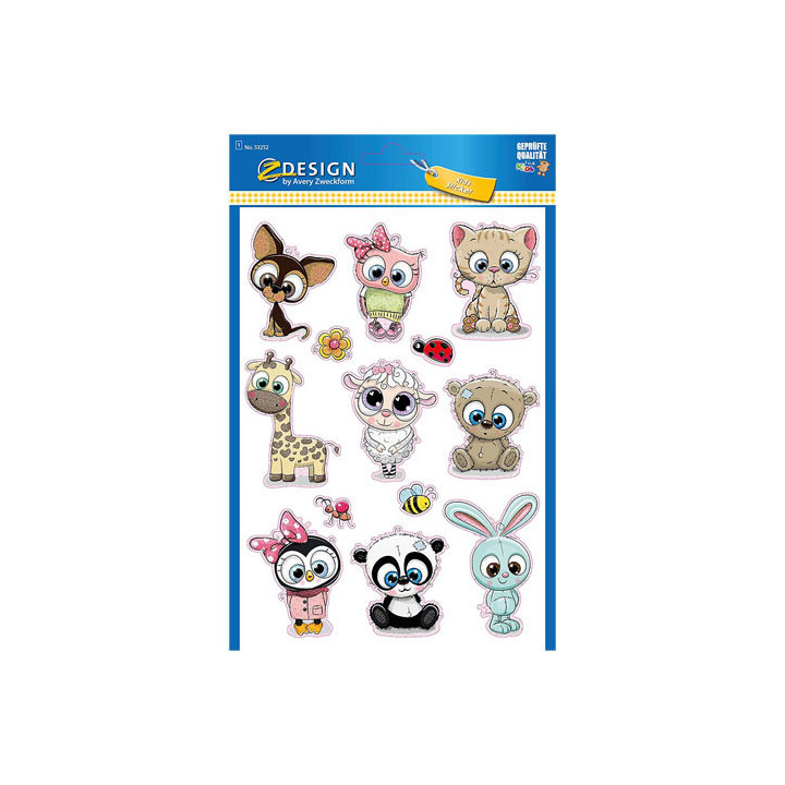 Sobre con 1 hoja 150x120mm y 13 pegatinas animales avery 53252