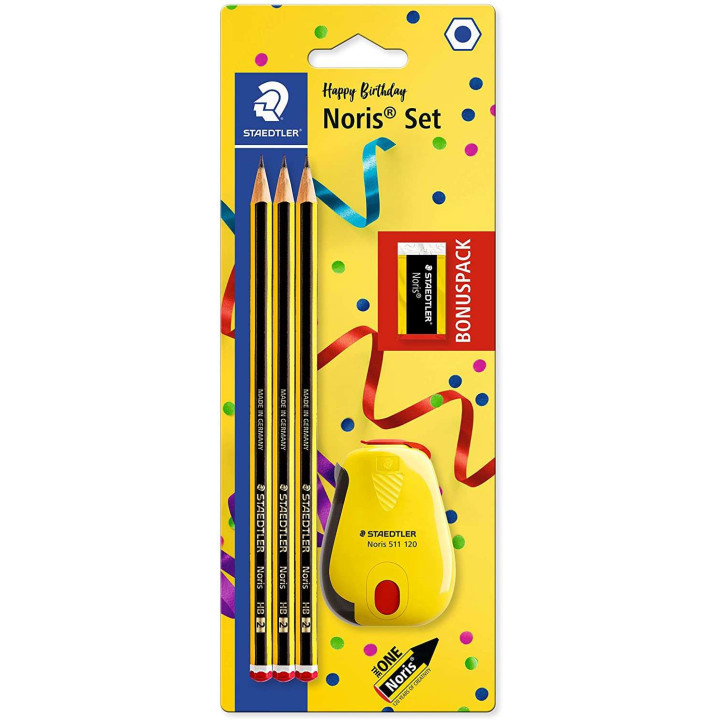 Staedtler Noris 120 Pack de 3 Lapices de Grafito Hexagonales + Goma de Borrar + Sacapuntas - Mina HB Ultrarresistente de 2mm -