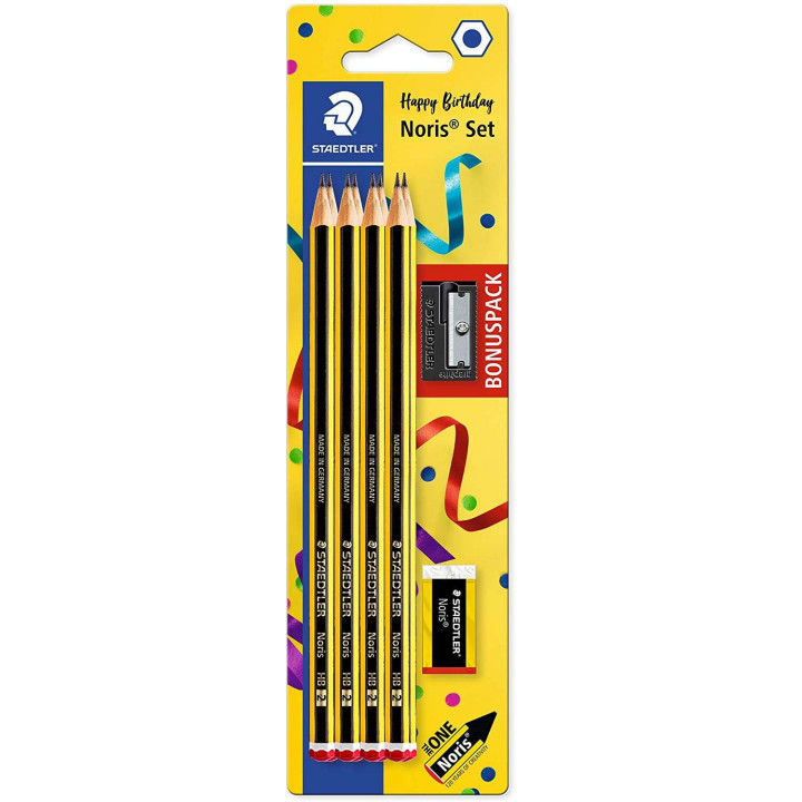 Staedtler Noris 120 Pack de 8 Lapices de Grafito Hexagonales + Goma de Borrar + Sacapuntas - Mina HB Ultrarresistente de 2mm -