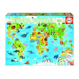 Puzzle 150 mapamundi animales de 6-8 años educa borras 18115