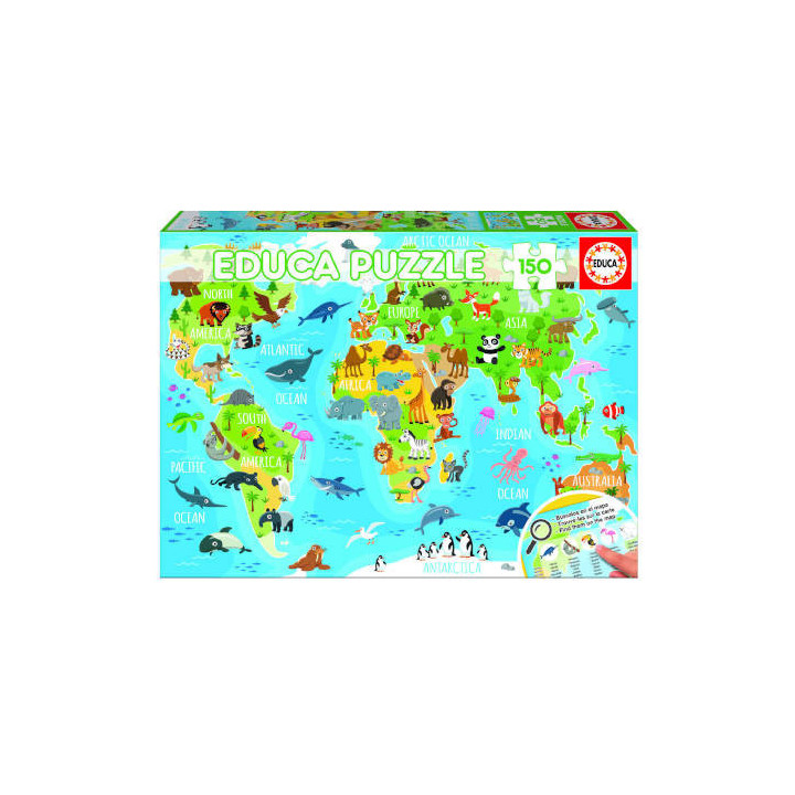 Puzzle 150 mapamundi animales de 6-8 años educa borras 18115