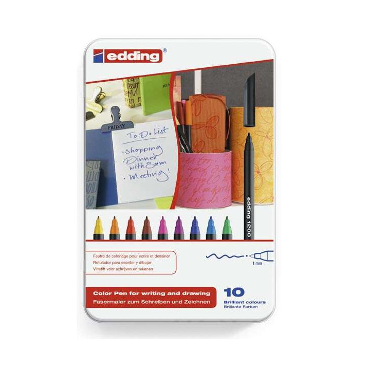 Edding 1200 Caja Metalica con 10 Rotuladores - Punta Redonda - Trazo 1mm - Tinta con Base de Agua