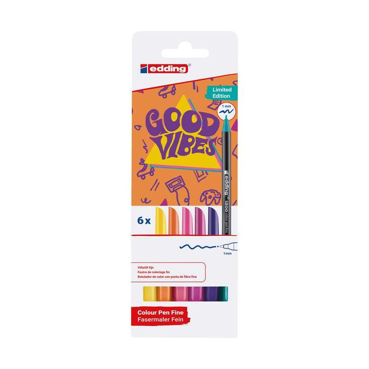 Edding 1200 Good Vibes Pack de 6 Rotuladores - Punta Redonda - Trazo 1mm - Tinta con Base de Agua - Colores Surtidos