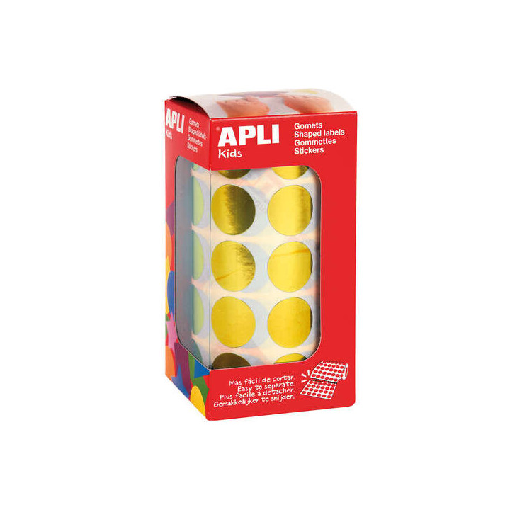 Apli Gomets Redondos Amarillo Metalizado Ø 20mm - 59 Hojas Pretroqueladas - 1770 Gomets por Rollo - Adhesivo Base Agua - Norma