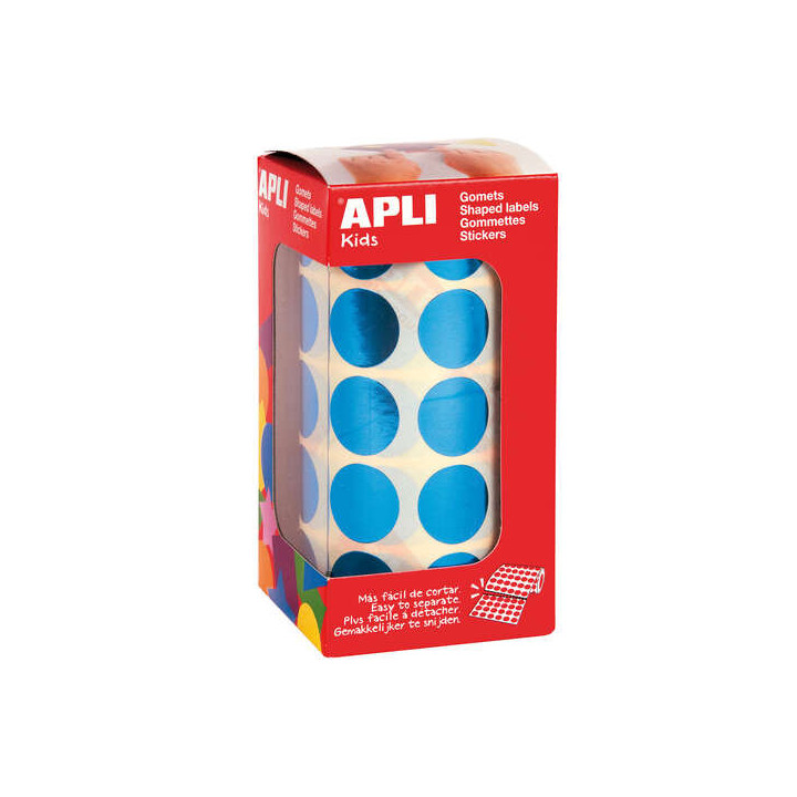 Apli Gomets Redondos Azul Metalizado Ø 20mm - 59 Hojas Pretroqueladas - 1770 Gomets por Rollo - Ideal para Escuelas y Talleres