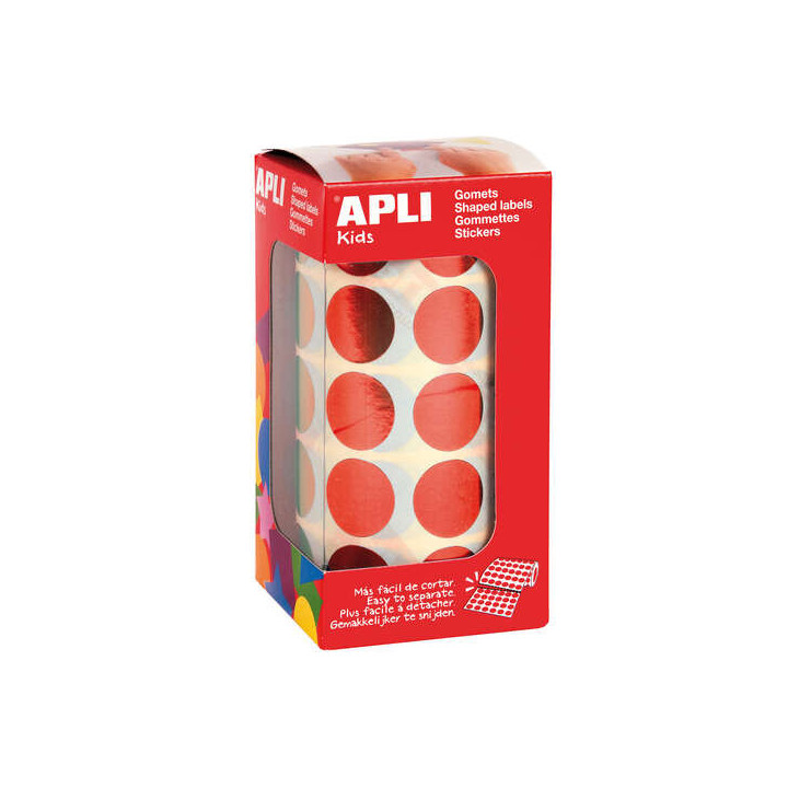 Apli Gomets Redondos Ø 20mm Rojo Metalizado - 59 Hojas Pretroqueladas - 1770 Gomets por Rollo - Ideal para Actividades Creativ