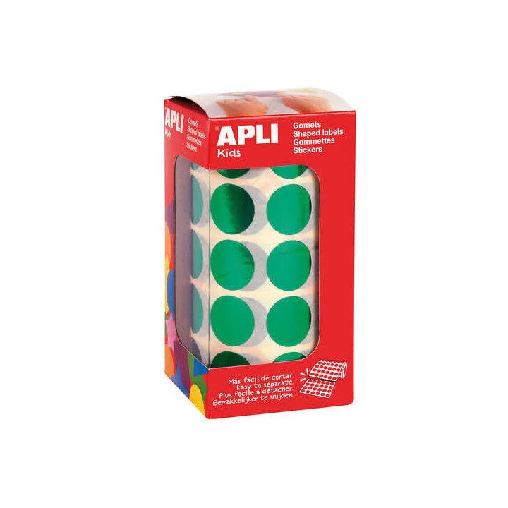 Apli Gomets Redondos Ø 20mm Verde Metalizado - 59 Hojas Pretroqueladas - Adhesivo Permanente - Normas EN-71 y FSC - Adhesivo B