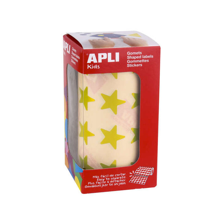 Apli Gomets Estrella Amarillo Metalizado - Tamaño 19.5mm - 1416 Gomets por Rollo - Adhesivo Base Agua - Normas EN-71 y FSC