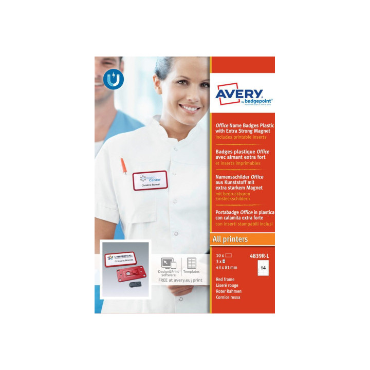 Caja 10 portanombres office badge rojo con imán extra fuerte--37 x 75 mm avery 4839r-l