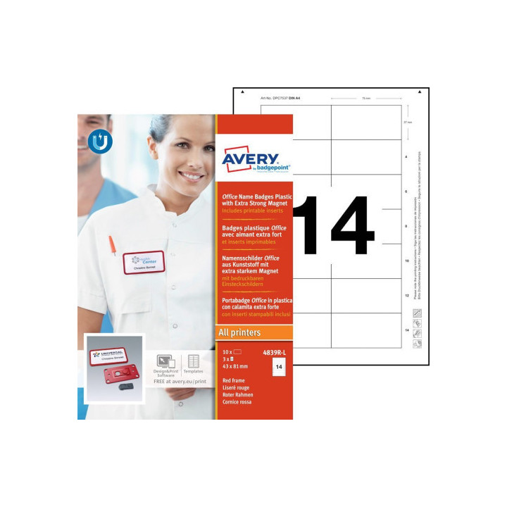 Caja 10 portanombres office badge rojo con imán extra fuerte--37 x 75 mm avery 4839r-l