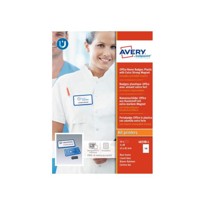 Caja 10 portanombres office badge azul con imán extra fuerte–37 x 75 mm avery 4839b-l