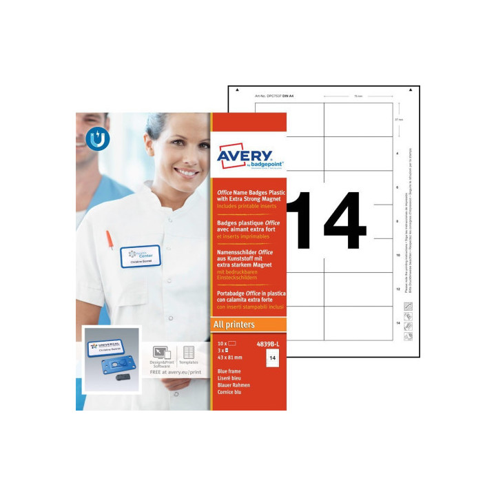 Caja 10 portanombres office badge azul con imán extra fuerte–37 x 75 mm avery 4839b-l
