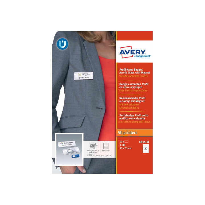 Caja 10 portanombres profil badge con imán–27 x 75 mm avery 4836-m