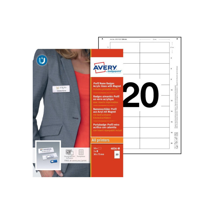 Caja 10 portanombres profil badge con imán–27 x 75 mm avery 4836-m