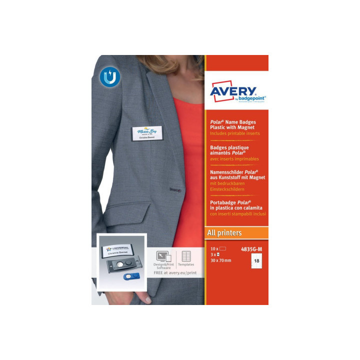 Caja 10 portanombres polar badge antracita con imán–30 x 65 mm avery 4835g-m
