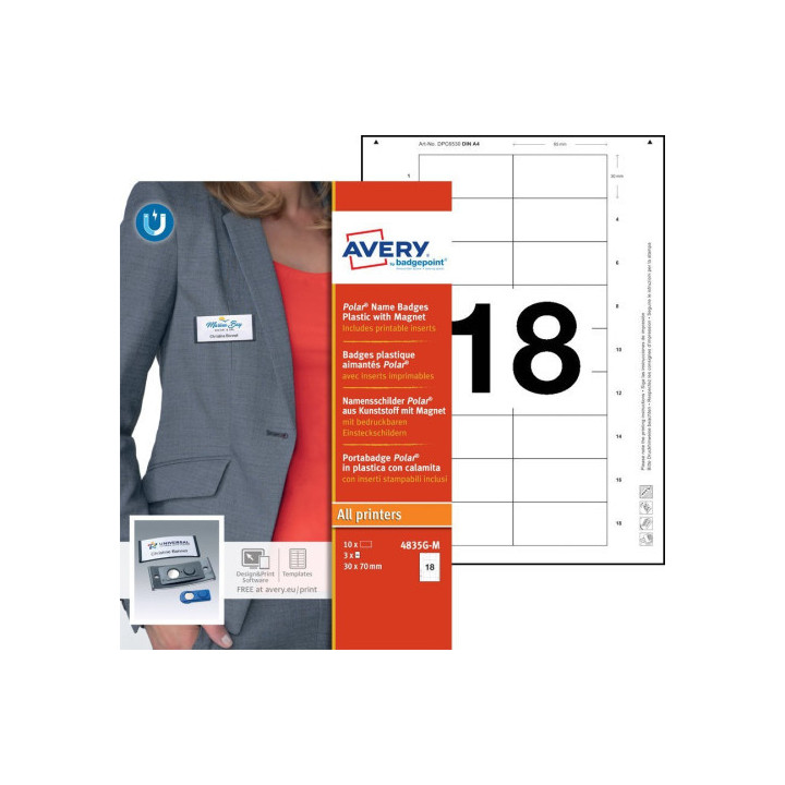 Caja 10 portanombres polar badge antracita con imán–30 x 65 mm avery 4835g-m