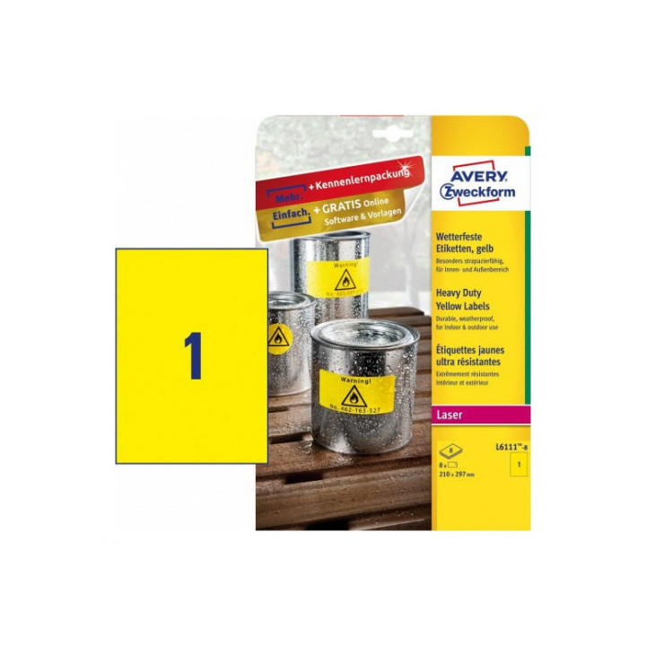 Paquete 8 hojas etiquetas amarillas de poliéster-impresoras láser-210 x 297 mm avery l6111-8