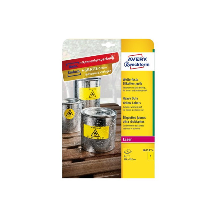 Paquete 8 hojas etiquetas amarillas de poliéster-impresoras láser-210 x 297 mm avery l6111-8