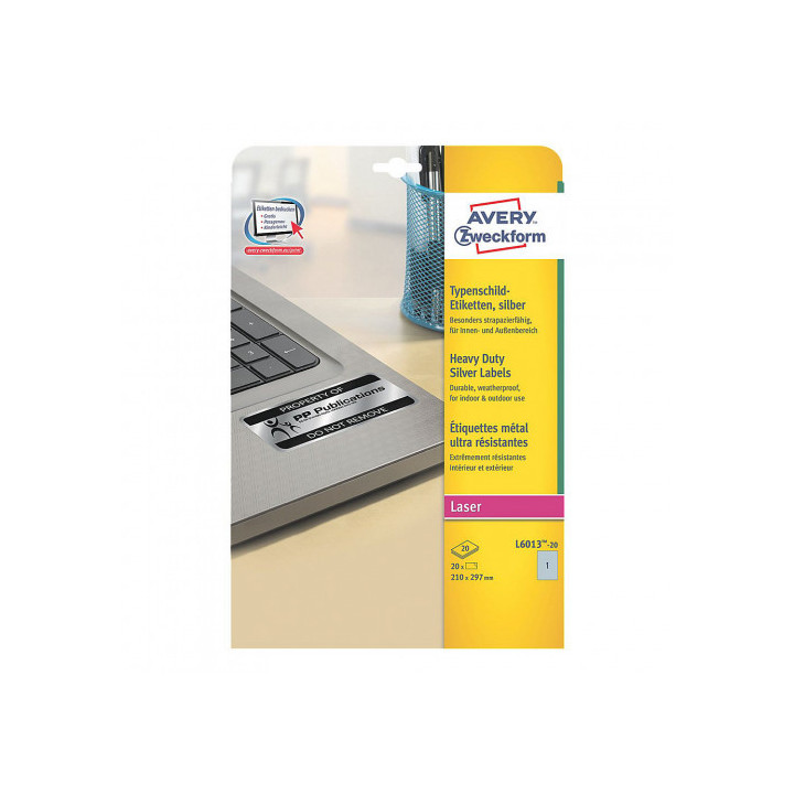Paquete 20 hojas etiquetas plateadas de poliéster-impresoras láser-210x297 mm avery l6013-20