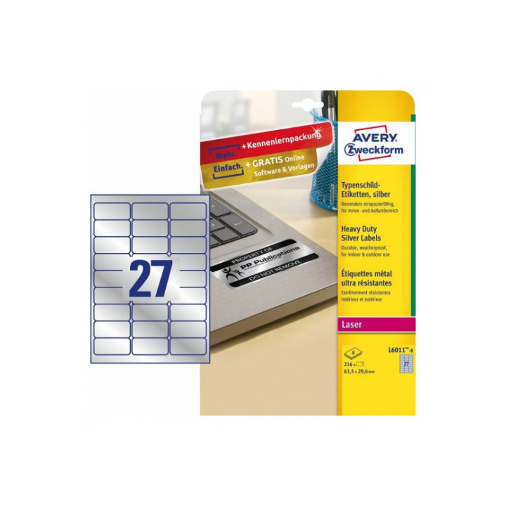 Paquete 8 hojas etiquetas plateadas de poliéster-impresoras láser-63