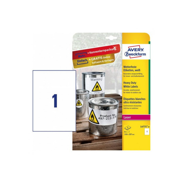 Paquete 8 hojas etiquetas de poliéster blanco-impresoras láser-210x297 mm avery l4775-8