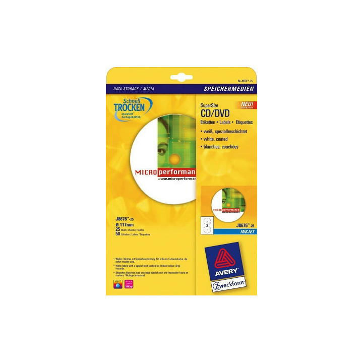 Paquete 25 hojas etiquetas full-face no touch blancas papel cuché opaca para cd-impresoras inyección tinta-117 mm avery j86...