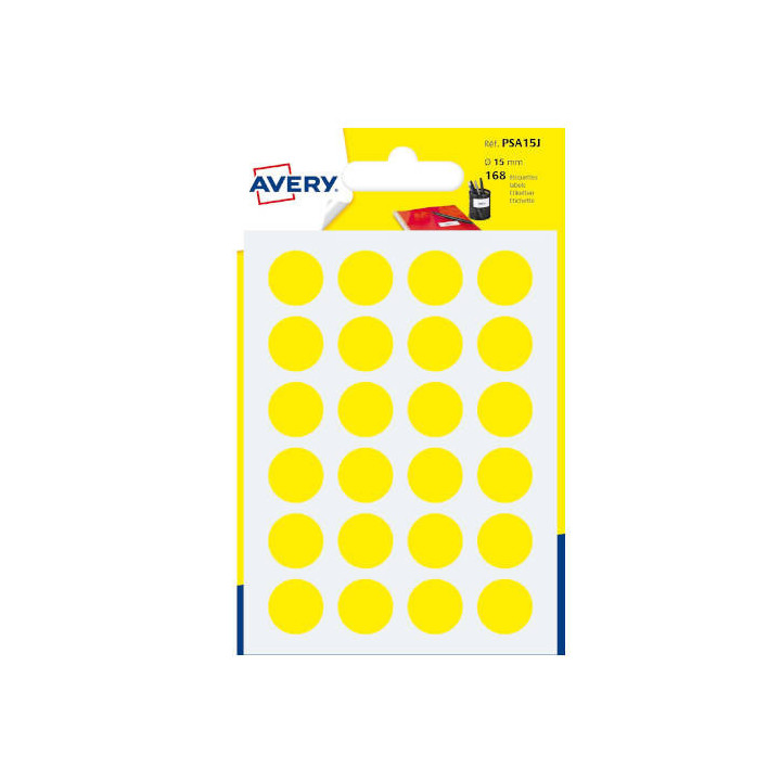 Paquete 7 hojas etiquetas redondas gomets amarillas 15mm diametro avery psa15j