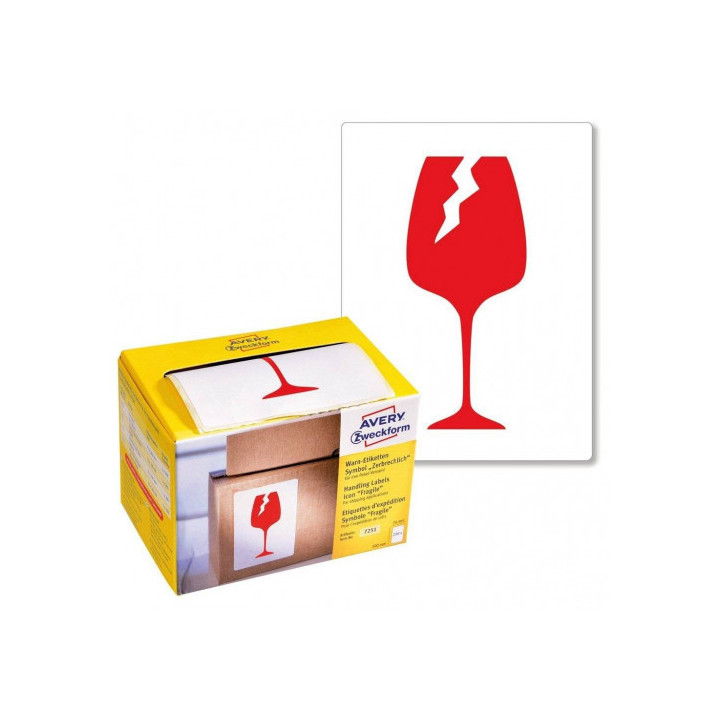 Rollo 200 etiquetas para envíos pre-impresas con el icono "frágil" 74x100 mm avery 7251