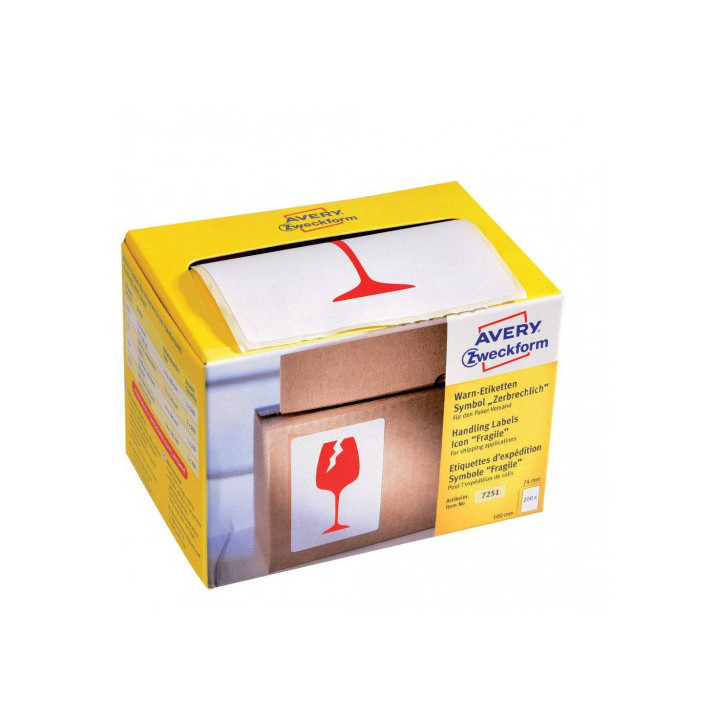 Rollo 200 etiquetas para envíos pre-impresas con el icono "frágil" 74x100 mm avery 7251