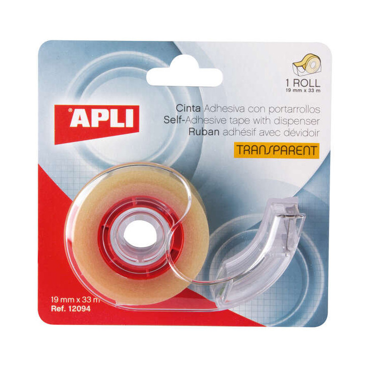 Apli Porta Cinta Home con Cinta Adhesiva Transparente - 19mm x 33m - Facil de Usar y Transportar - Ideal para el Hogar y la Ofi