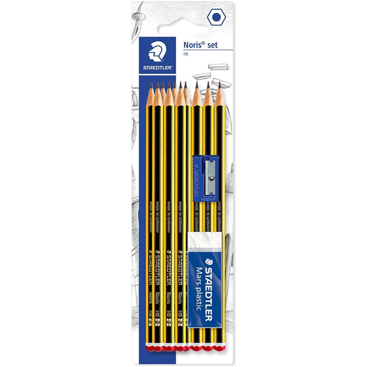 Staedtler Noris 120 Pack de 10 Lapices de Grafito Hexagonales 2HB + 1 Goma de Borrar Plastic 526 50 + 1 Sacapuntas 510 50 - Res