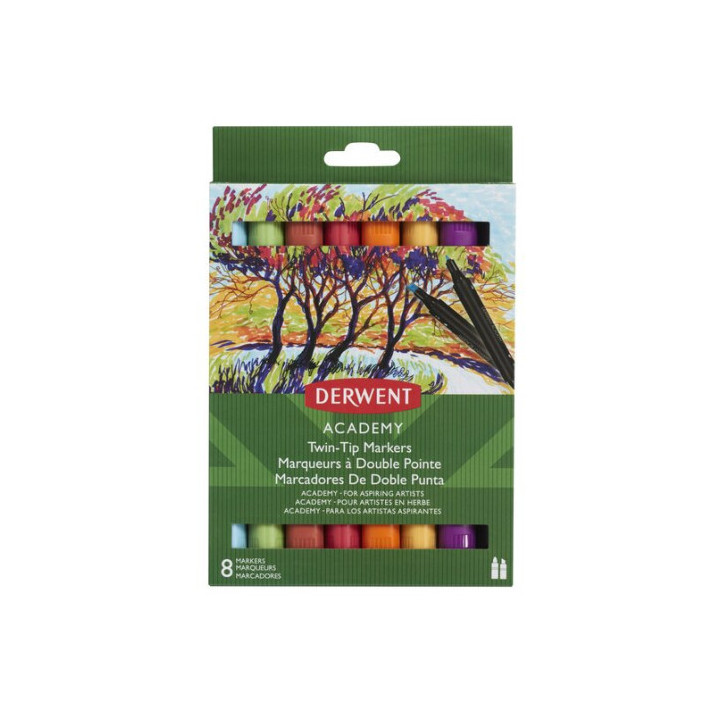 Pack de 8 rotuladores de 2 puntas fina y biselada alta calidad colores surtidos derwent 98208