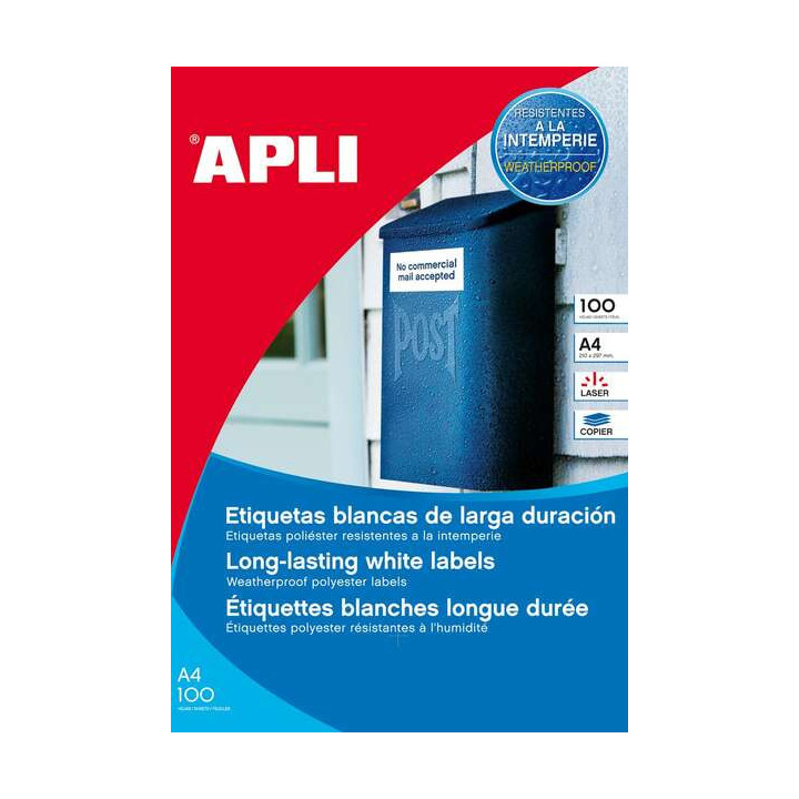 Apli Pack de 100 Etiquetas Resistentes Intemperie 210 x 297mm -  Poliester con Acabado Mate - Cantos Rectos - Color Blanco