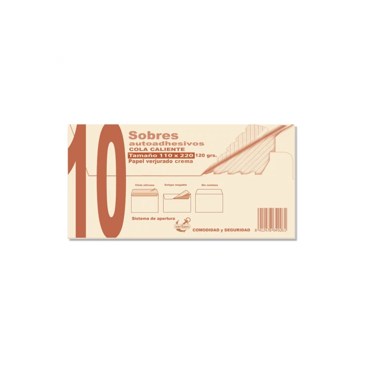 Paquetes de 10 sobres crema verjurado 110x220 120 grs. sam 664926
