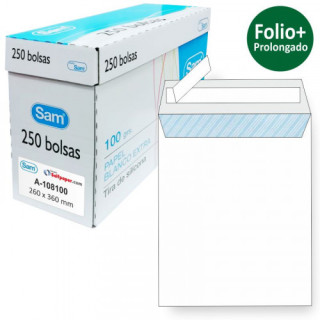 Caja 250 bolsas folio prolongado (260x360) offset blanco 100 grs. opensam autoadhesivo con tira de silicona sam 149005