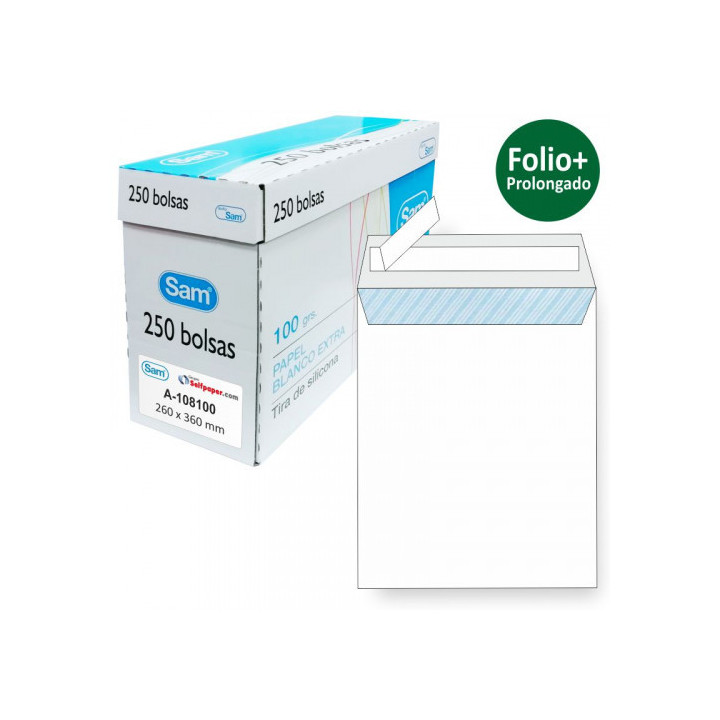 Caja 250 bolsas folio prolongado (260x360) offset blanco 100 grs. opensam autoadhesivo con tira de silicona sam 149005