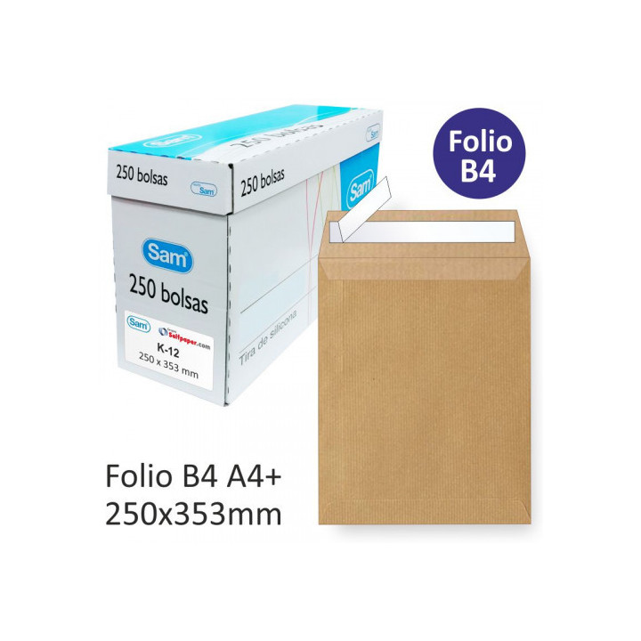 Caja 250 bolsas din b4 folio (250x353) kraft 90 grs. autosam autoadhesivo con tira de silicona sam 145607