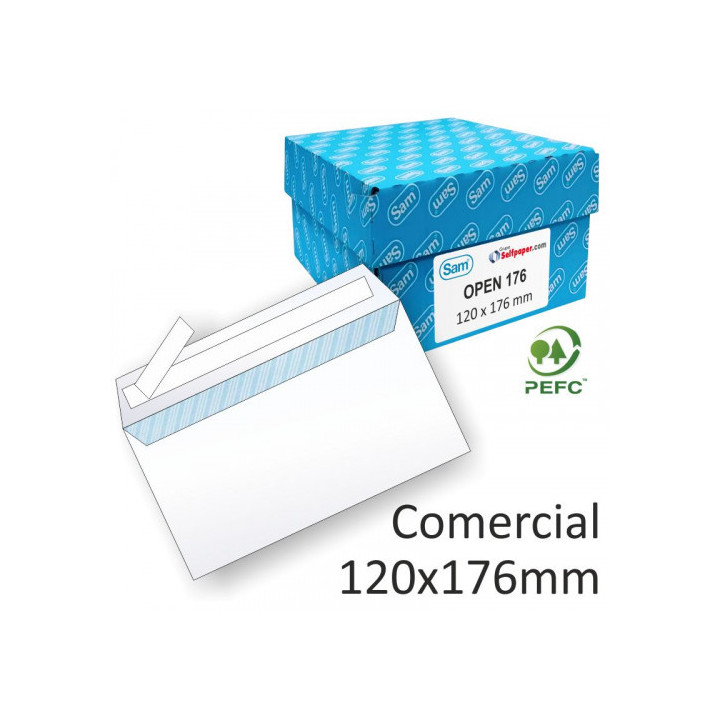 Caja 500 sobres comercial opensam (120x176) autoadhesivo con tira de silicona offset blanco 90 grs. sam 247510