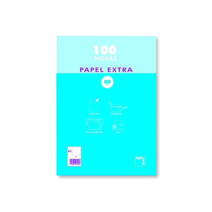 Paquete papel extra blanco satinado 100 hojas 80 grs. a-5 (148x210mm.) liso pacsa 21814
