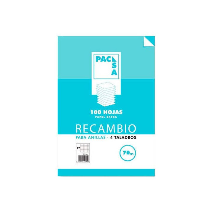 Recambio 70 grs. 4 taladros folio (215x310mm.) 100 hojas cuadrícula 4x4 con margen pacsa 21211