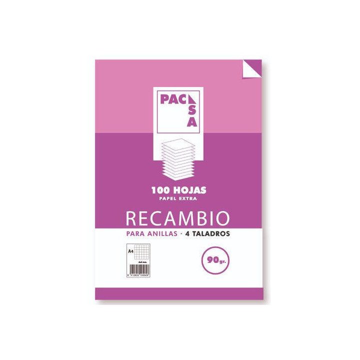 Recambio 90 grs . 4 taladros folio (215x310mm.) 100 hojas cuadrícula 4x4 con margen pacsa 21261