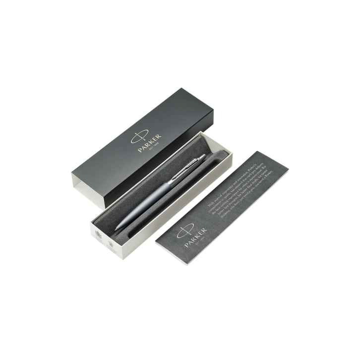 Bolígrafo jotter xl alexandra gris mate ribete de color cromo plumín medio tinta azul parker 2068360