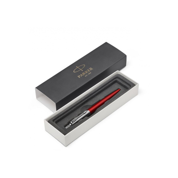 Bolígrafo retráctil jotter kensington rojo con ribete cromado punto medio tinta azul parker 1953187